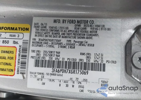 2016 Ford Fusion Se из США, поврежденный, VIN 3FA6P0H7XGR175069